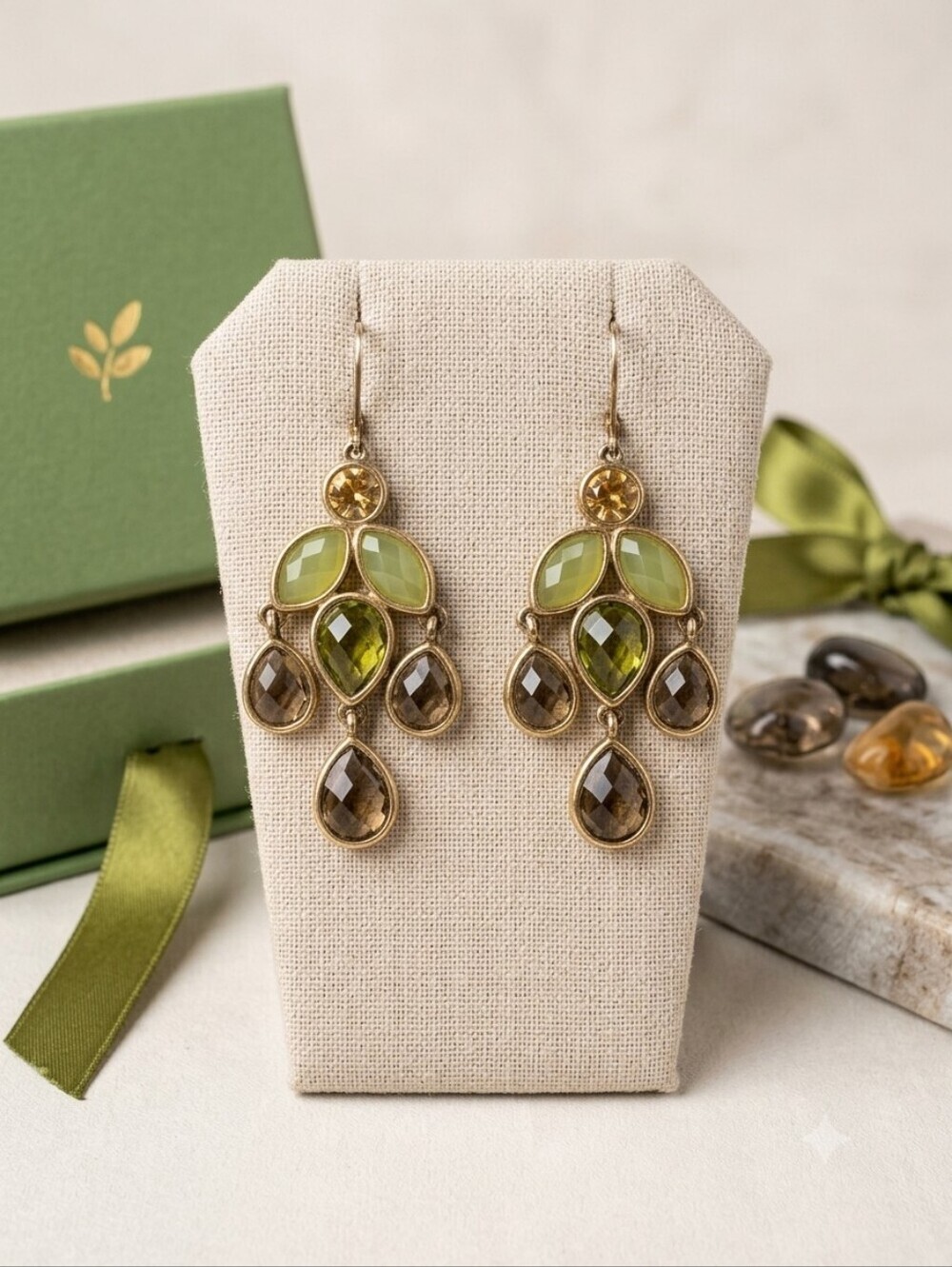 Vintage Olive Green and Champagne Teardrop Chandelier Earrings - Women Jewelry